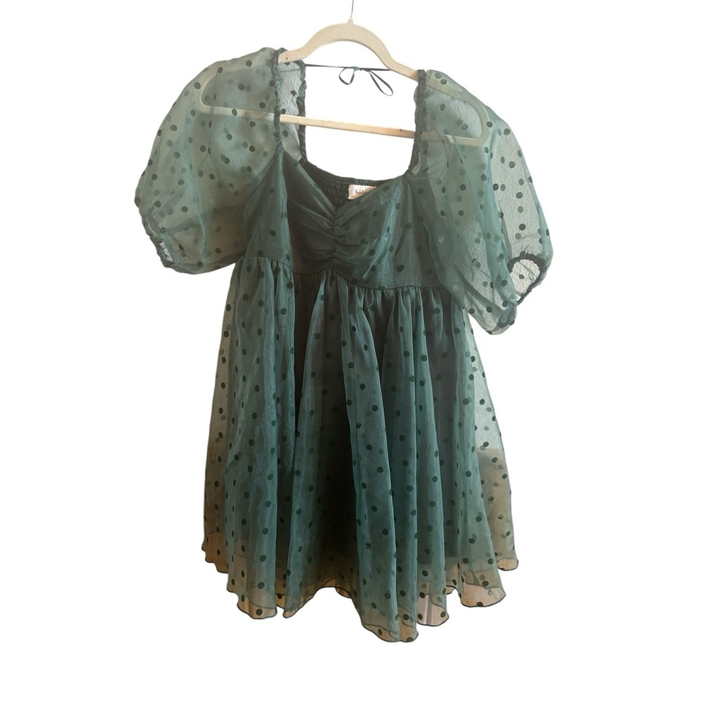 Bohme Green Polka Dot Baby Doll Mini Dress Woman's Sz Small Puff Sleeves Ruching